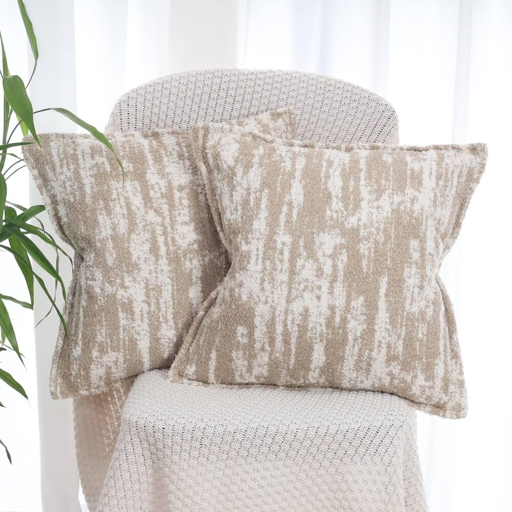 9624 Beige and White Fluffy Decorative Pillow Covers 18x18 Set of 2 | Soft